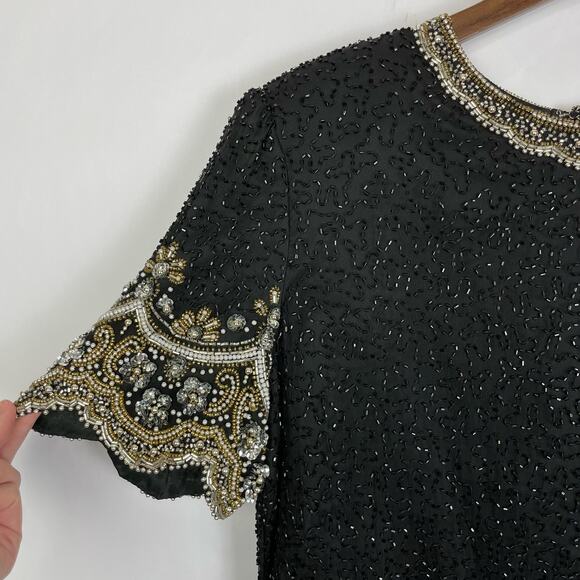 Vintage Laurence Kazer | M/L 80s Beaded & Sequins Silk Elegant Formal Blouse - Picture 3 of 13